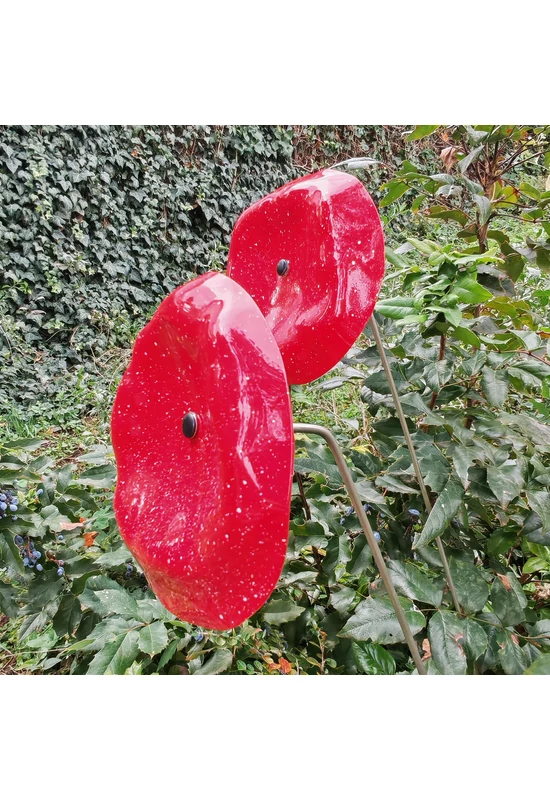 Közepes méretű üveg tölcsér virág kültérre piros- fehér színben 100 cm -es rozsdamentes acélszáron