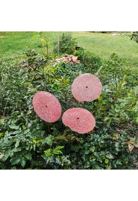 Nagy méretű 18 cm átmérőjű üveg virág kültérre transzparens- fehér-piros színben 100 cm -es rozsdamentes acélszáron