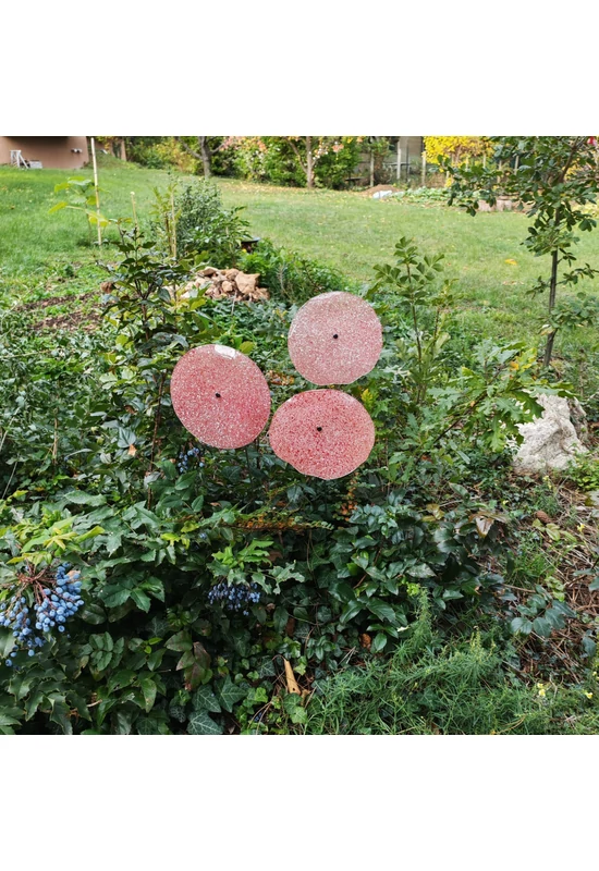 Nagy méretű 18 cm átmérőjű üveg virág kültérre transzparens- fehér-piros színben 100 cm -es rozsdamentes acélszáron