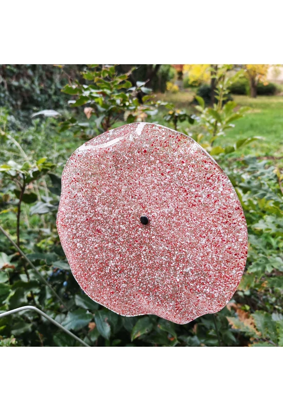 Nagy méretű 18 cm átmérőjű üveg virág kültérre transzparens- fehér-piros színben 100 cm -es rozsdamentes acélszáron