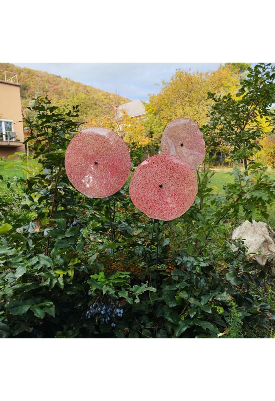 Nagy méretű 18 cm átmérőjű üveg virág kültérre transzparens- fehér-piros színben 100 cm -es rozsdamentes acélszáron