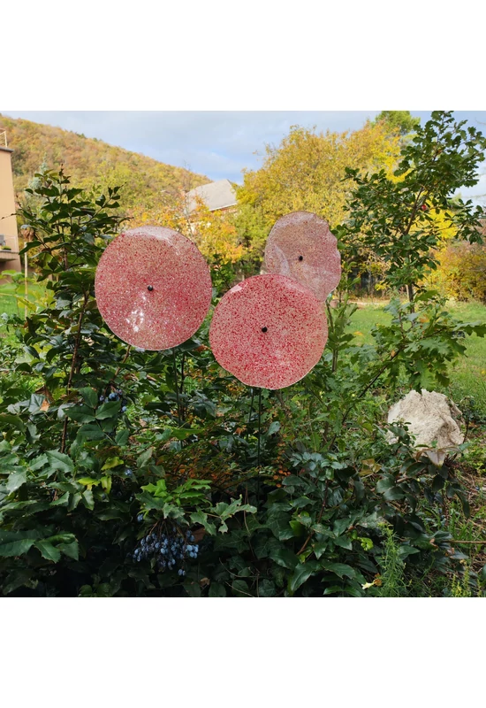 Nagy méretű 18 cm átmérőjű üveg virág kültérre transzparens- fehér-piros színben 100 cm -es rozsdamentes acélszáron
