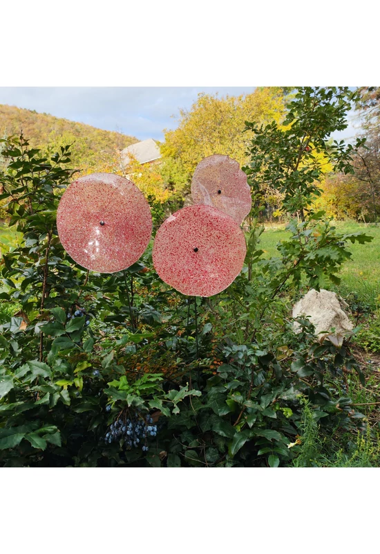 Nagy méretű 18 cm átmérőjű üveg virág kültérre transzparens- fehér-piros színben 100 cm -es rozsdamentes acélszáron