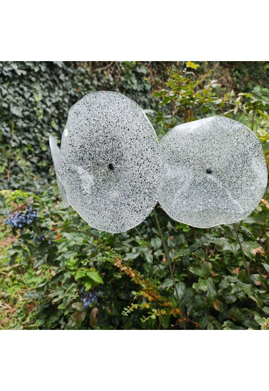 Nagy méretű 18 cm átmérőjű üveg virág kültérre transzparens- fehér-fekete színben 100 cm -es rozsdamentes acélszáron
