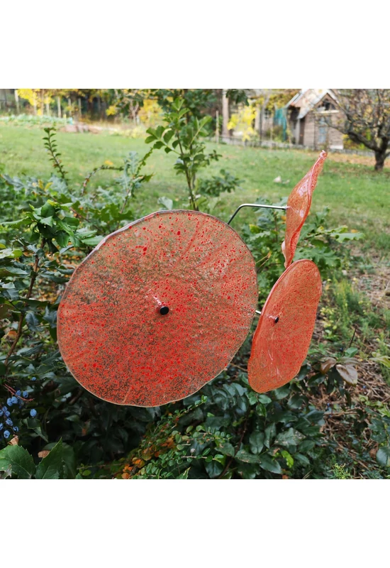 Nagy méretű 18 cm átmérőjű üveg virág kültérre transzparens- narancssárga-piros színben 100 cm -es rozsdamentes acélszáron