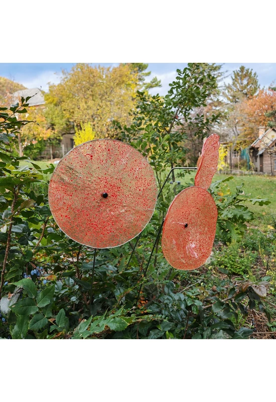 Nagy méretű 18 cm átmérőjű üveg virág kültérre transzparens- narancssárga-piros színben 100 cm -es rozsdamentes acélszáron