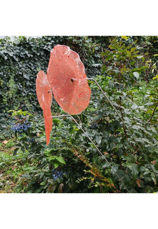 Nagy méretű 18 cm átmérőjű üveg virág kültérre transzparens- narancssárga-piros színben 100 cm -es rozsdamentes acélszáron