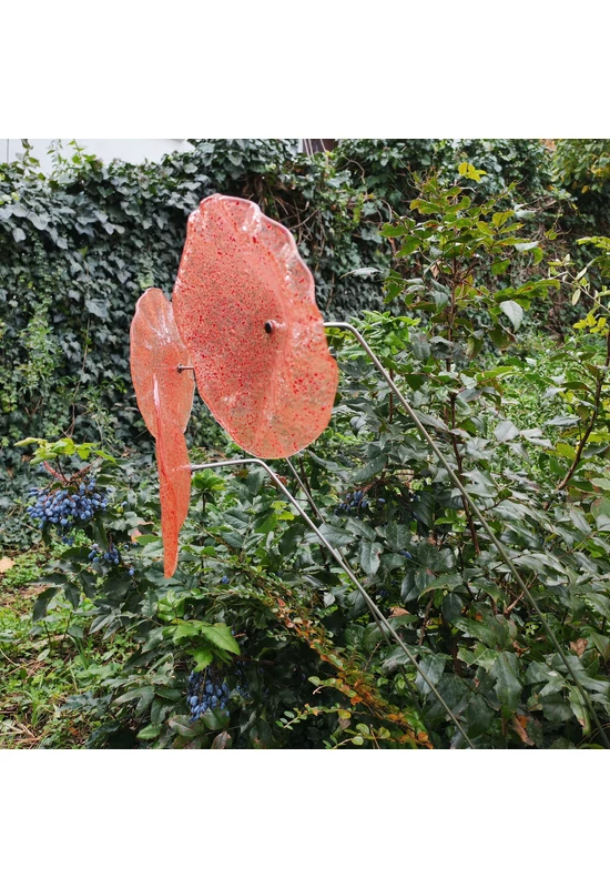 Nagy méretű 18 cm átmérőjű üveg virág kültérre transzparens- narancssárga-piros színben 100 cm -es rozsdamentes acélszáron