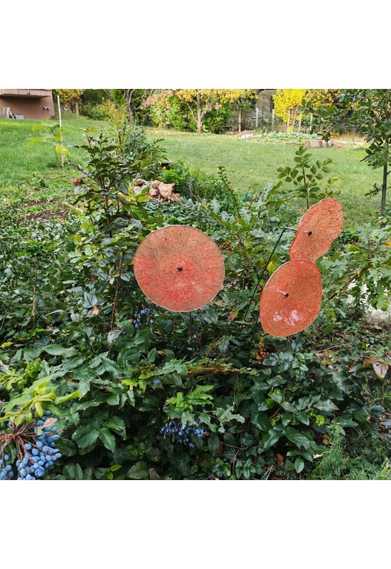 Nagy méretű 18 cm átmérőjű üveg virág kültérre transzparens- narancssárga-piros színben 100 cm -es rozsdamentes acélszáron