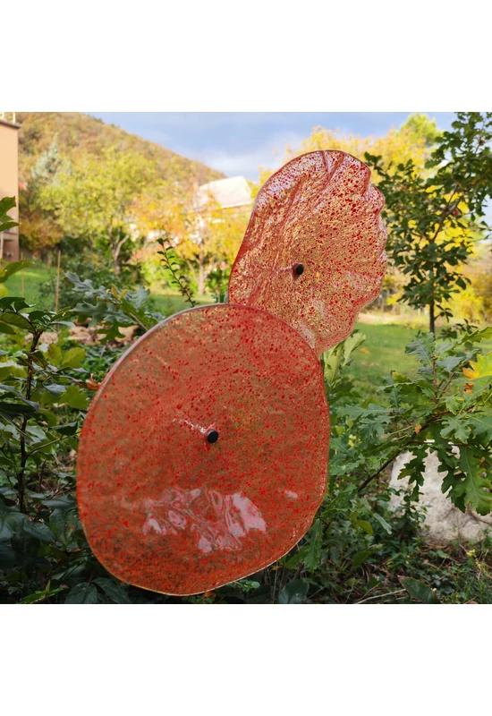 Nagy méretű 18 cm átmérőjű üveg virág kültérre transzparens- narancssárga-piros színben 100 cm -es rozsdamentes acélszáron