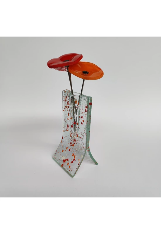 Kis méretű 8x13 cm-es pöttös váza 3 darab kis virággal piros-narancs-fehér  színállásban