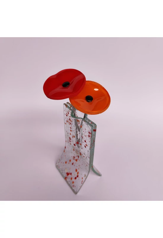 Kis méretű 8x13 cm-es pöttös váza 3 darab kis virággal piros-narancs-fehér  színállásban