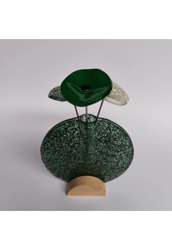 Kis kerek váza szett bükkfa talppal, 13 cm - átlátszó zöld fekete