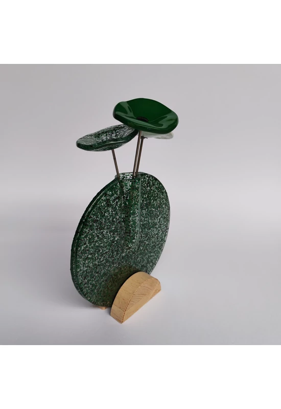 Kis kerek váza szett bükkfa talppal, 13 cm - átlátszó zöld fekete