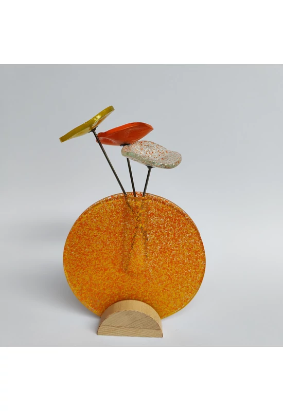 Small Round Vase Set with Beech Wood Base, 13cm - Transparent Orange Yellow