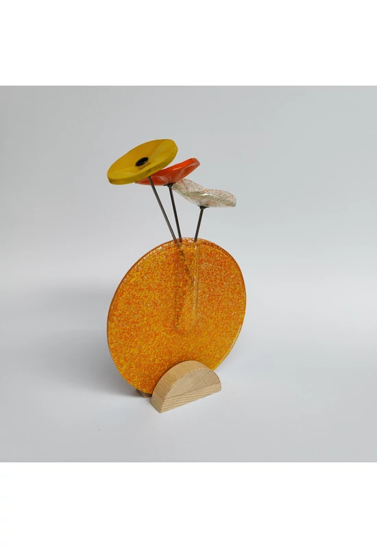 Kis kerek vázaszett bükkfa talppal, 13 cm - átlátszó narancssárga