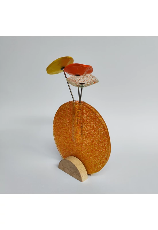 Kis kerek vázaszett bükkfa talppal, 13 cm - átlátszó narancssárga