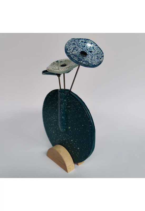 Kis kerek váza szett bükkfa talppal, 13 cm - türkiz fehér