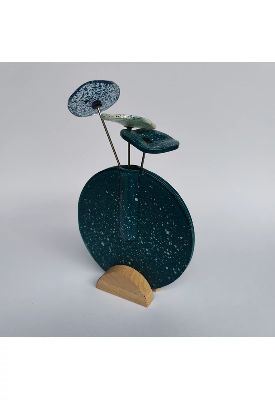 Kis kerek váza szett bükkfa talppal, 13 cm - türkiz fehér