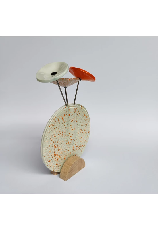 Kis kerek váza szett bükkfa talppal, 13 cm - fehér narancssárga