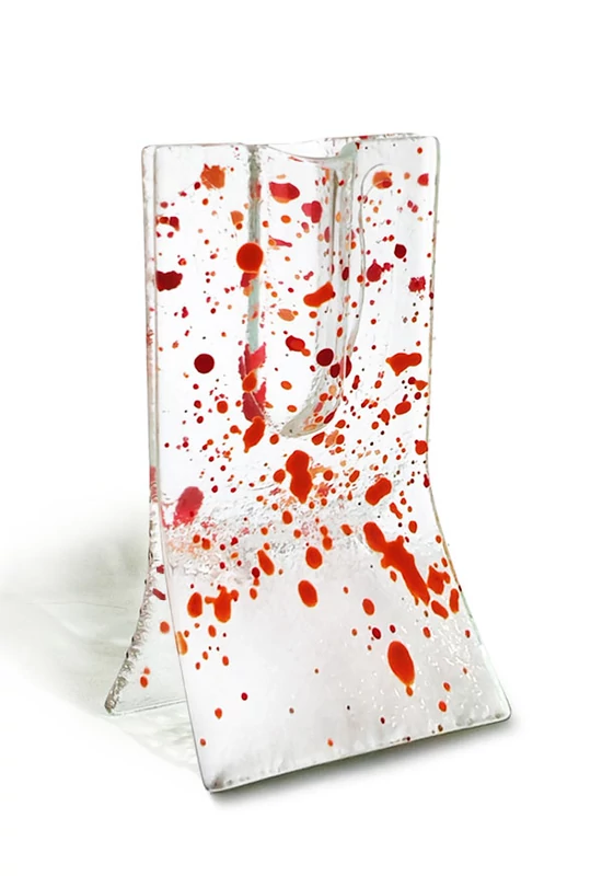 Small 8x13 cm transparent vase with light red-orange blue spots