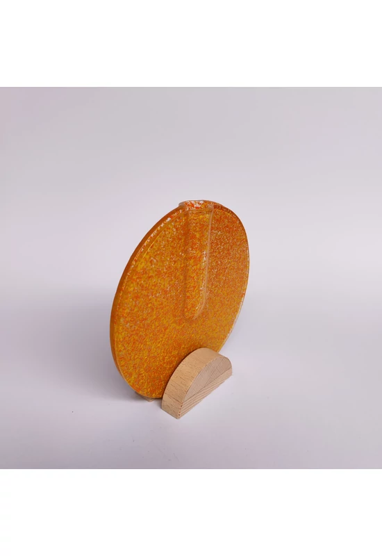 Kis kerek váza bükkfa talppal, 13 cm - átlátszó narancssárga