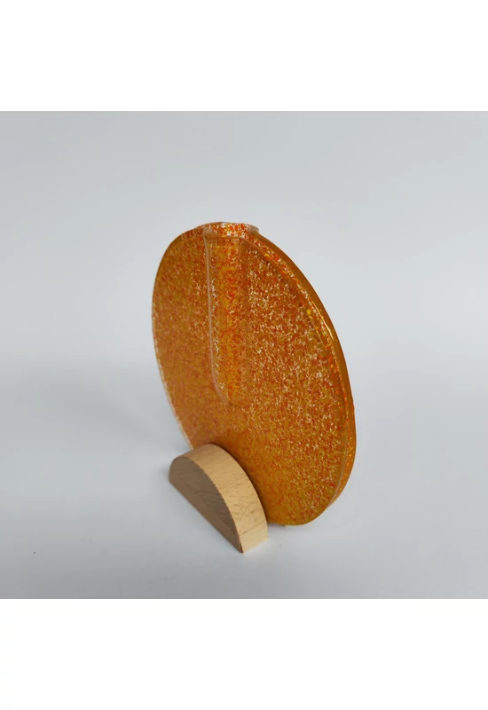 Kis kerek váza bükkfa talppal, 13 cm - átlátszó narancssárga