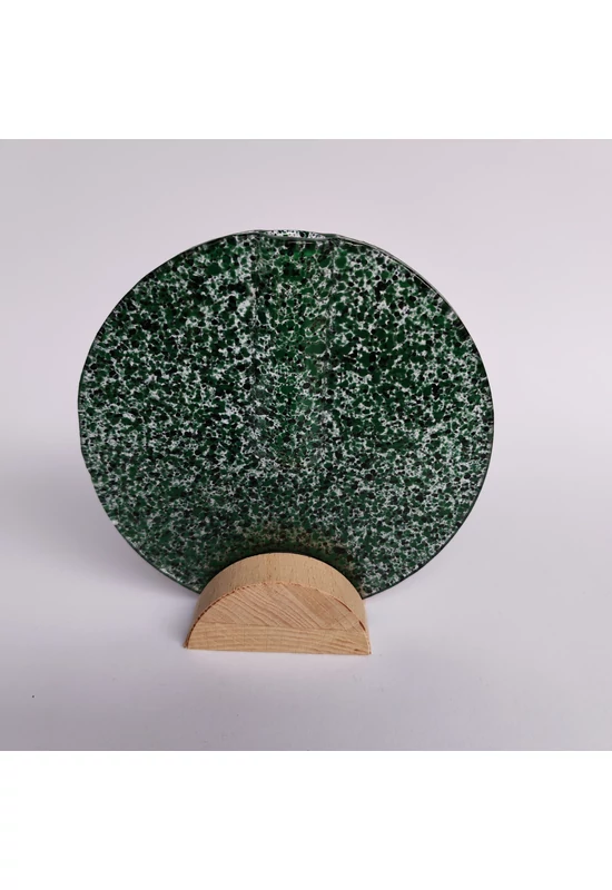 Small Round Vase with Beech Wood Base, 13cm - Transparent Green Black