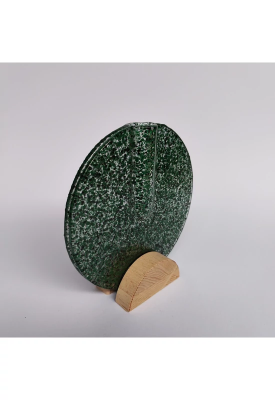 Kis kerek váza bükkfa talppal, 13 cm - átlátszó zöld fekete