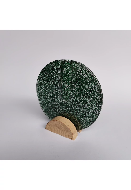 Kis kerek váza bükkfa talppal, 13 cm - átlátszó zöld fekete