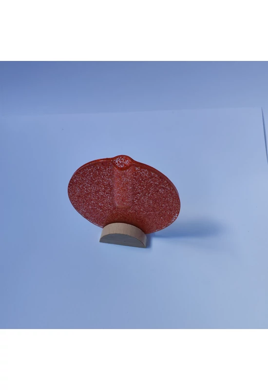 Kis kerek váza bükkfa talppal, 13 cm - átlátszó narancssárga piros