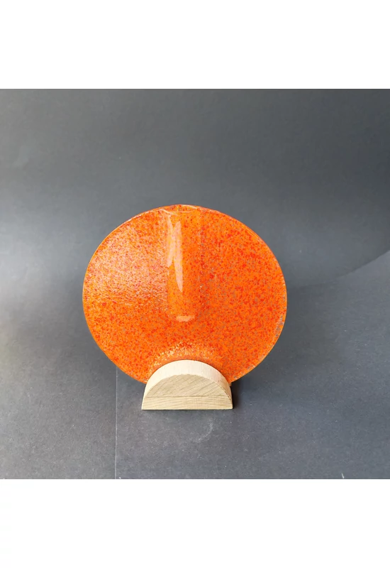 Small Round Vase with Beech Wood Base, 13cm - Transparent Orange Red