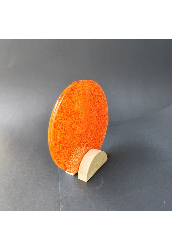 Kis kerek váza bükkfa talppal, 13 cm - átlátszó narancssárga piros