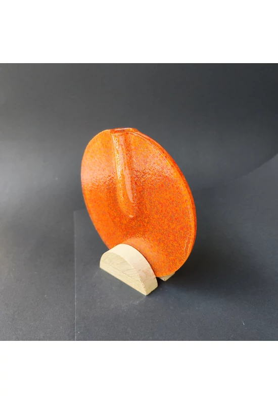 Kis kerek váza bükkfa talppal, 13 cm - átlátszó narancssárga piros