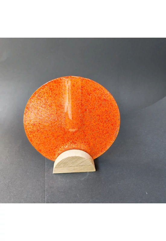 Kis kerek váza bükkfa talppal, 13 cm - átlátszó narancssárga piros