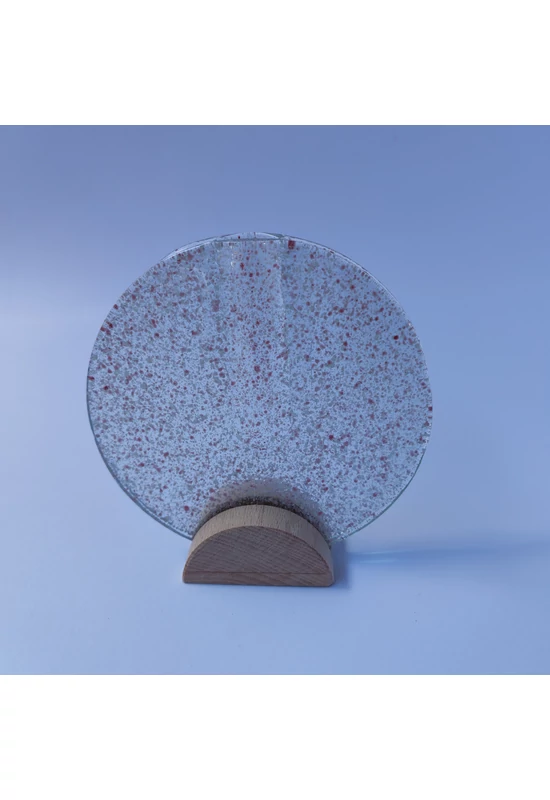 Kis kerek váza bükkfa talppal, 13 cm - átlátszó rózsaszín-fehér