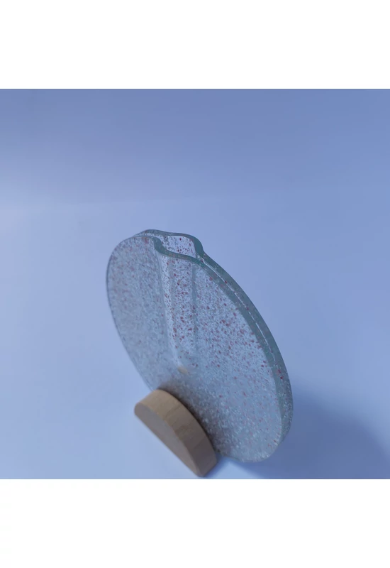 Kis kerek váza bükkfa talppal, 13 cm - átlátszó rózsaszín-fehér