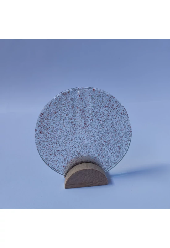 Kis kerek váza bükkfa talppal, 13 cm - átlátszó rózsaszín-fehér