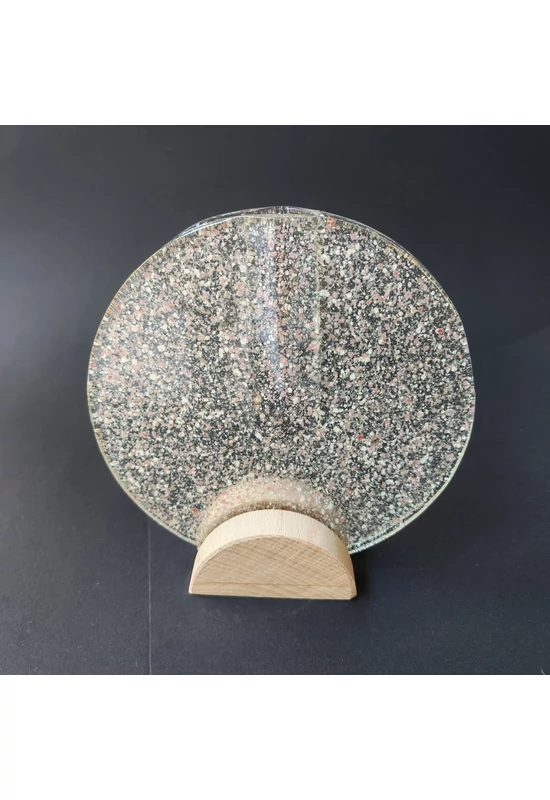 Kis kerek váza bükkfa talppal, 13 cm - átlátszó rózsaszín-fehér