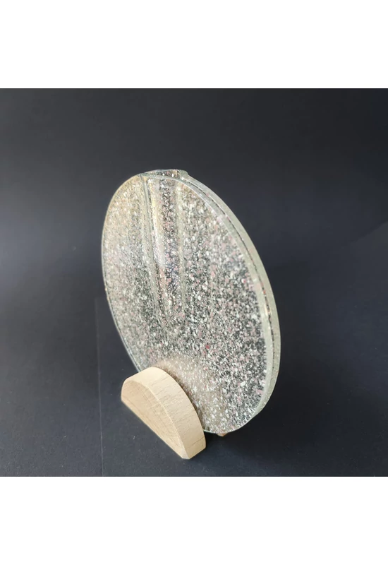 Kis kerek váza bükkfa talppal, 13 cm - átlátszó rózsaszín-fehér