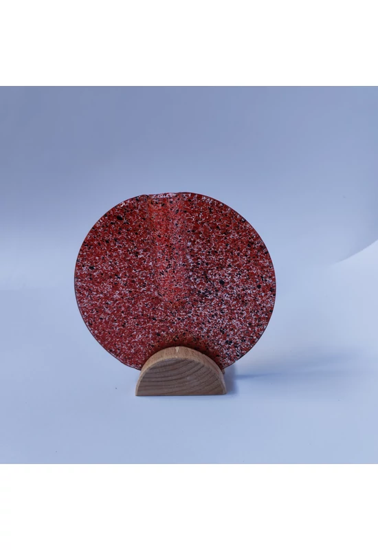 Kis kerek váza bükkfa talppal, 13 cm - átlátszó piros-fekete