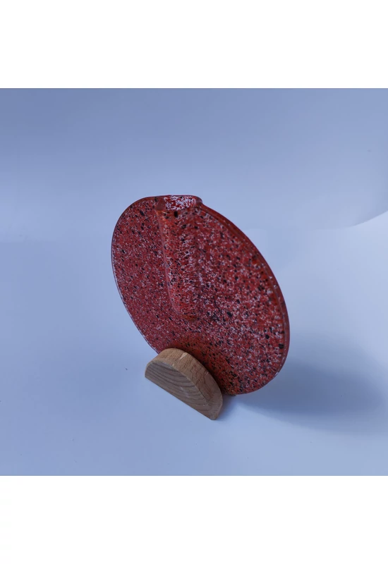 Kis kerek váza bükkfa talppal, 13 cm - átlátszó piros-fekete