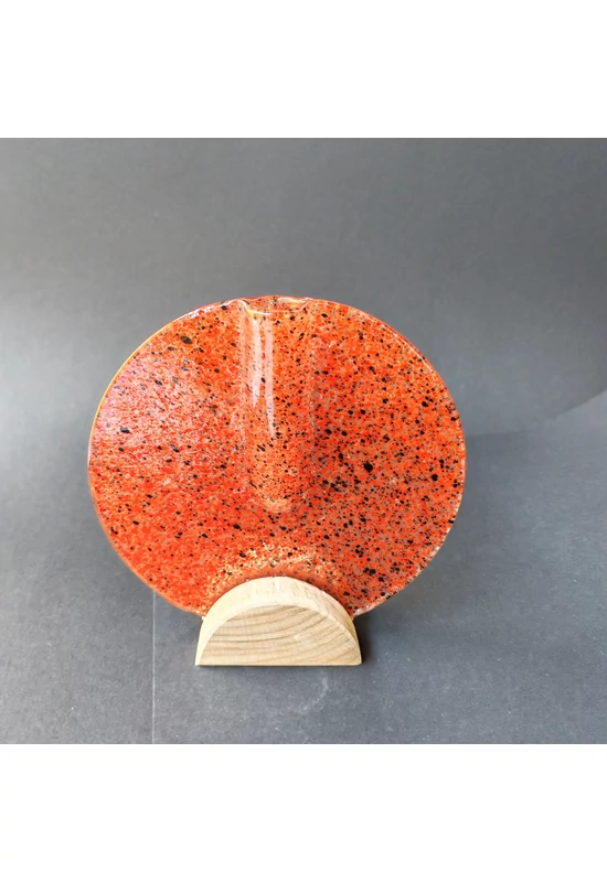 Small Round Vase with Beech Wood Base, 13cm - Transparent Red Black