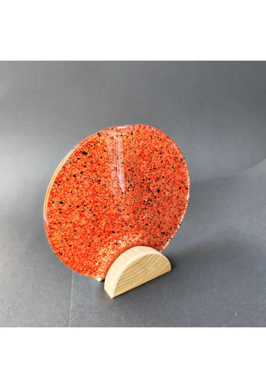 Kis kerek váza bükkfa talppal, 13 cm - átlátszó piros-fekete