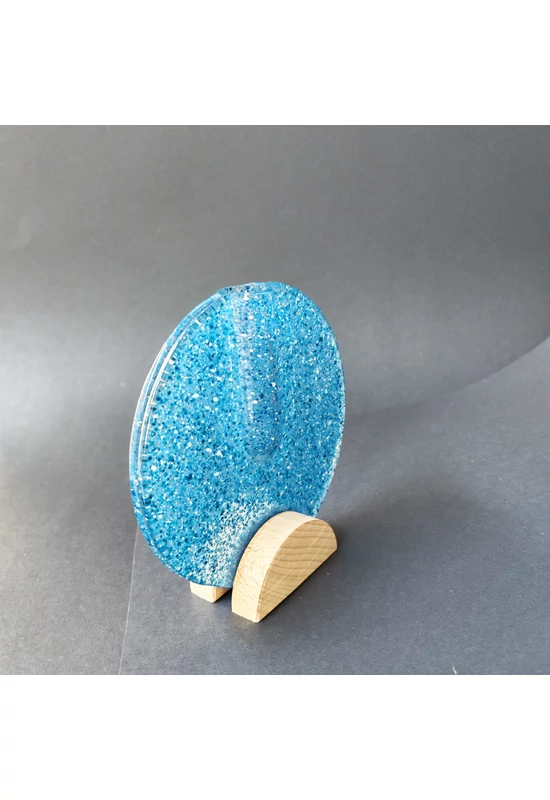 Kis kerek váza bükkfa talppal, 13 cm - átlátszó-türkiz-fehér