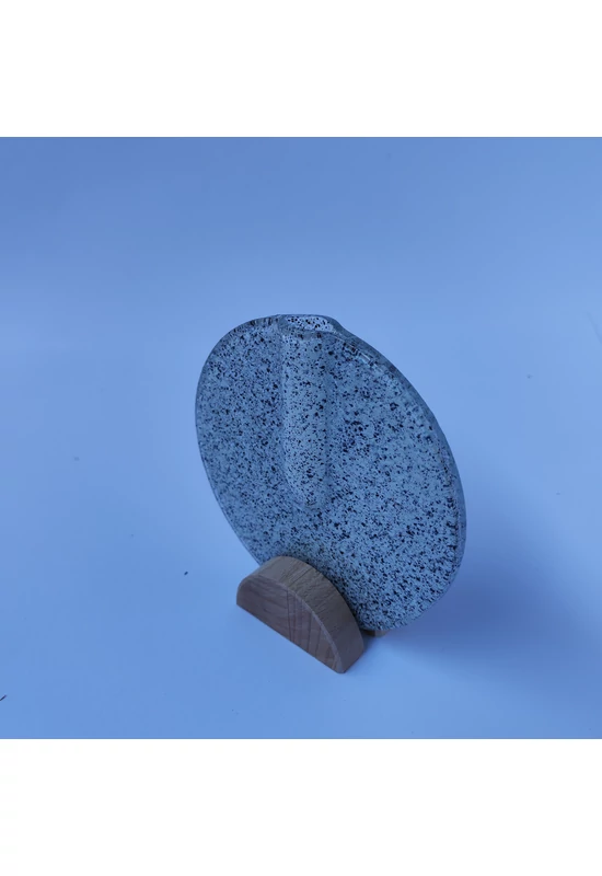 Kis kerek váza bükkfa talppal, 13 cm - átlátszó fehér fekete