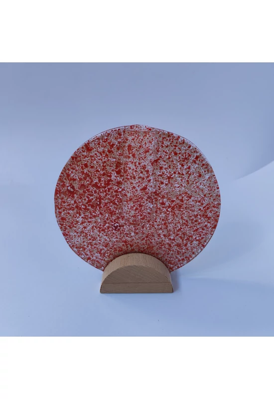 Kis kerek váza bükkfa talppal, 13 cm - átlátszó vörös-fehér