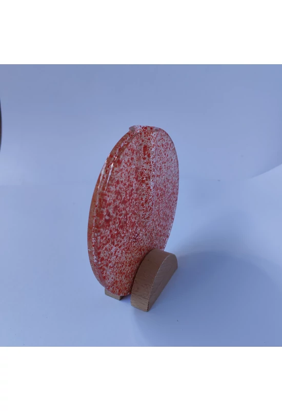 Kis kerek váza bükkfa talppal, 13 cm - átlátszó vörös-fehér