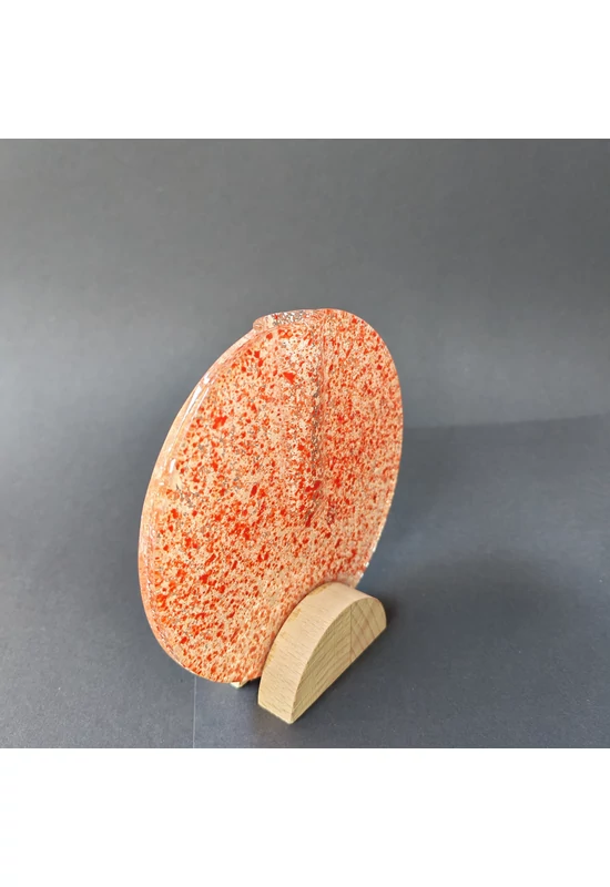 Kis kerek váza bükkfa talppal, 13 cm - átlátszó vörös-fehér