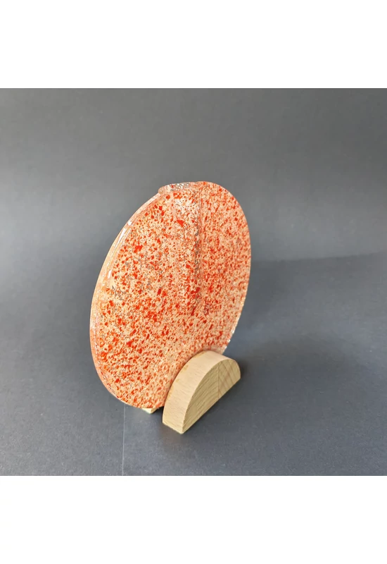 Kis kerek váza bükkfa talppal, 13 cm - átlátszó vörös-fehér